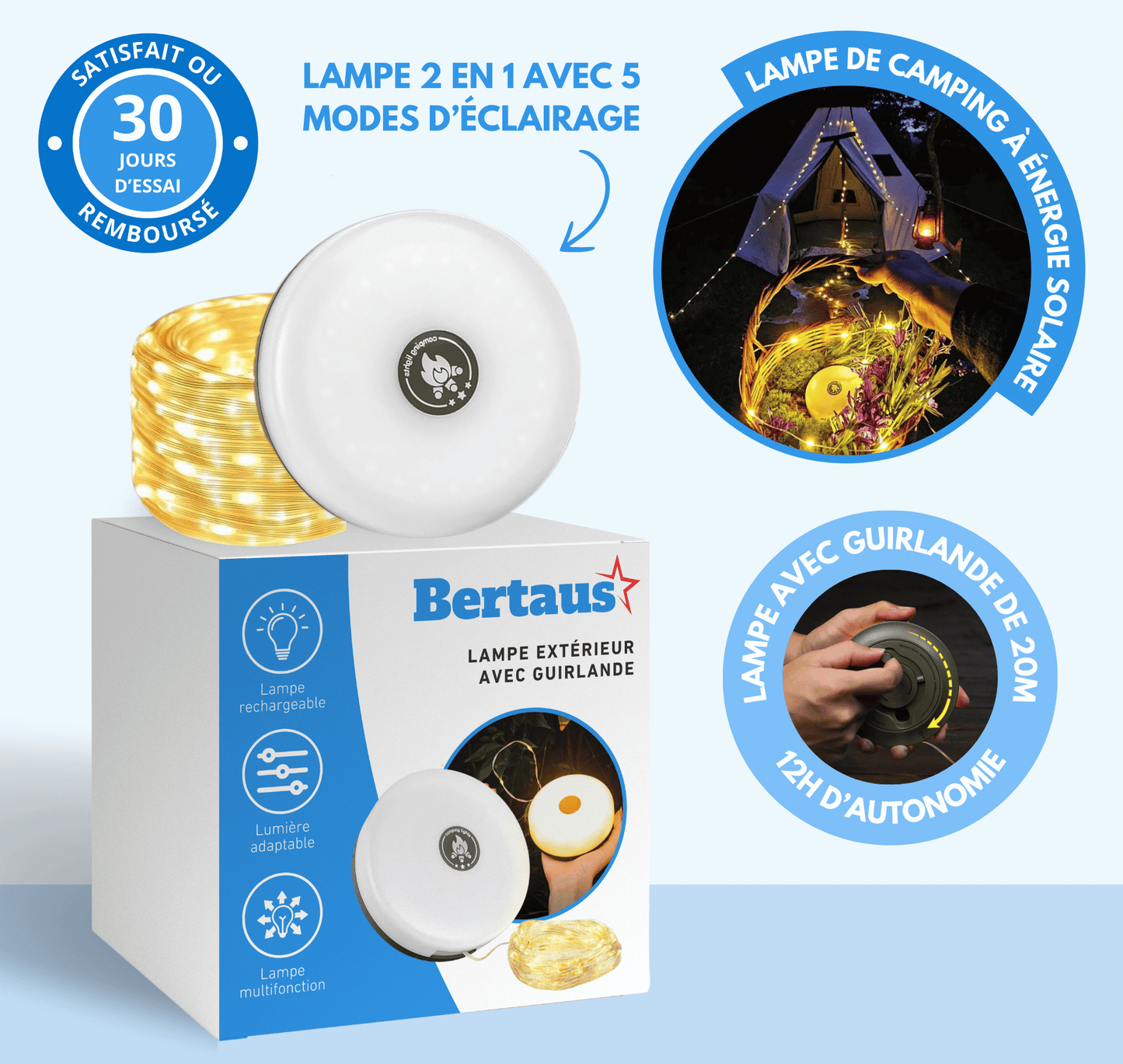 Lampe d'extérieur avec guirlande intégrée